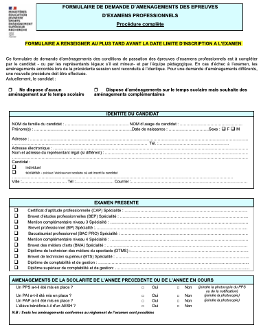 Formulaire amenagement examen